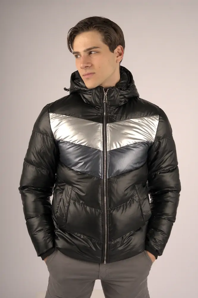 Ανδρικό μπουφάν puffer με ρίγες (Μαύρο)